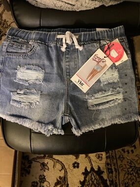 YMI Light Blue Distressed Drawstring Denim Shorts size Medium NWT